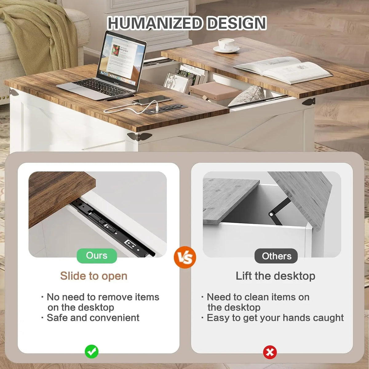 Lift Top Coffee Table with Storage, Square Coffee Table for Living Room with Charging Ports, Farmhouse Dining Table