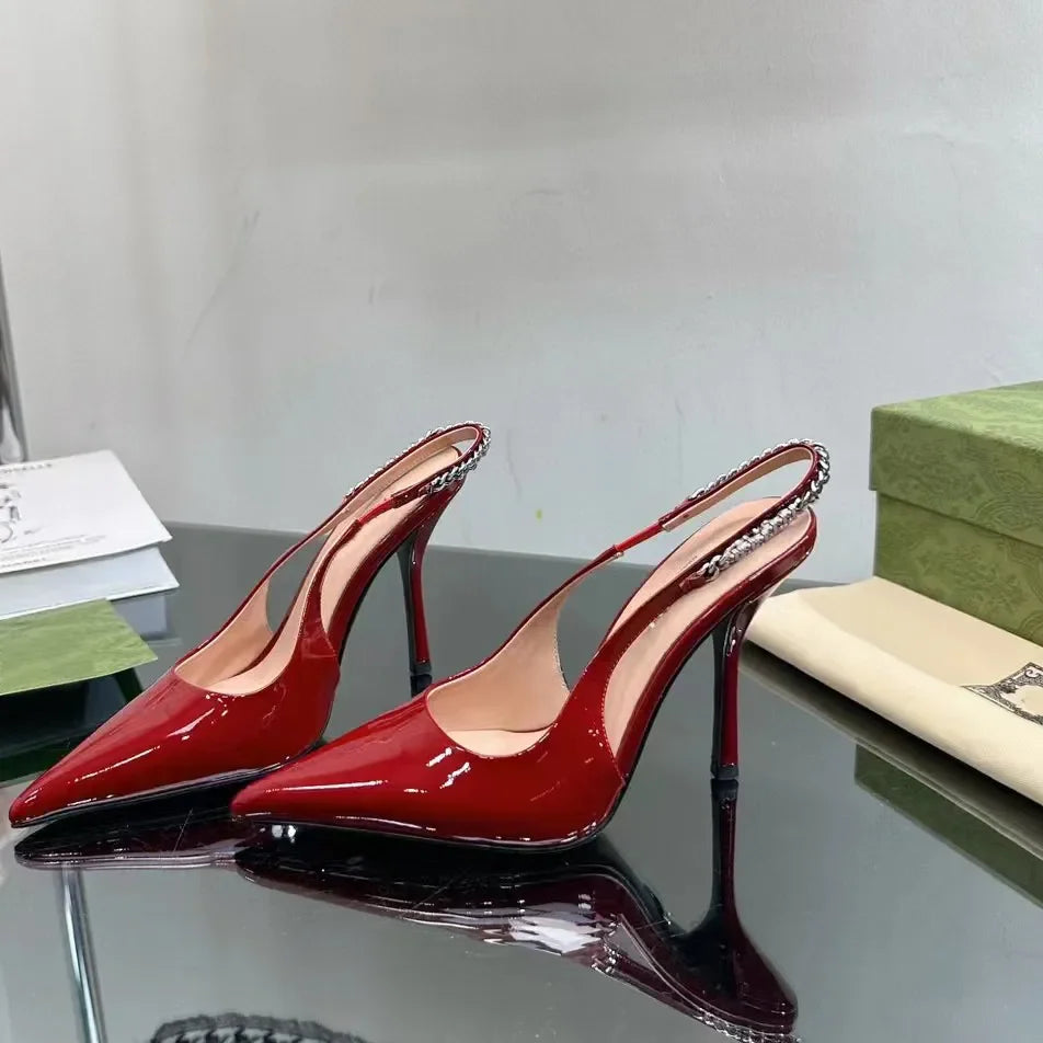 Elegant Pointed Slingbacks Women 10.5CM High Heel Lacquer Leather Luxury Designer Shoes Casual Metal Chain Decorative Sandals