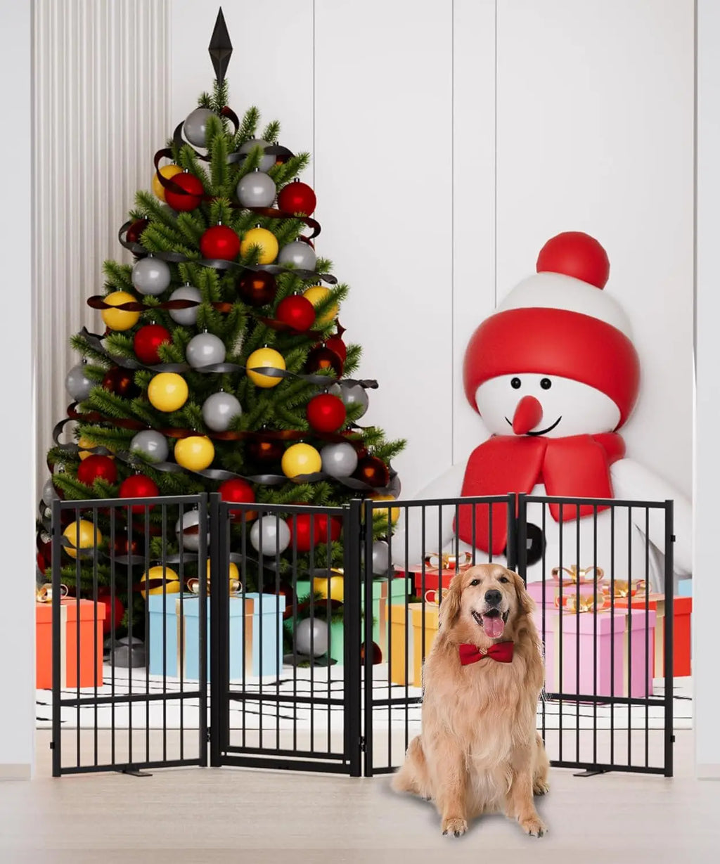 Foldable Metal Pet Gate with Door, 32" Height Freestanding Dog Fence for Indoor Outdoor Use