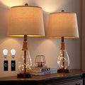 Modern Farmhouse Nightstand Lamps Set of 2 with USB Charging, Rattan Glass Design for Bedroom Living Room