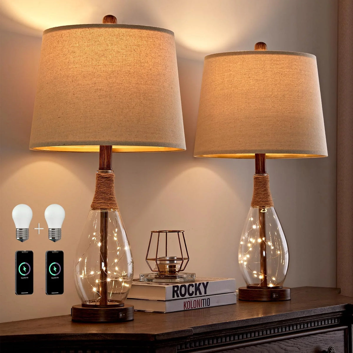 Modern Farmhouse Nightstand Lamps Set of 2 with USB Charging, Rattan Glass Design for Bedroom Living Room