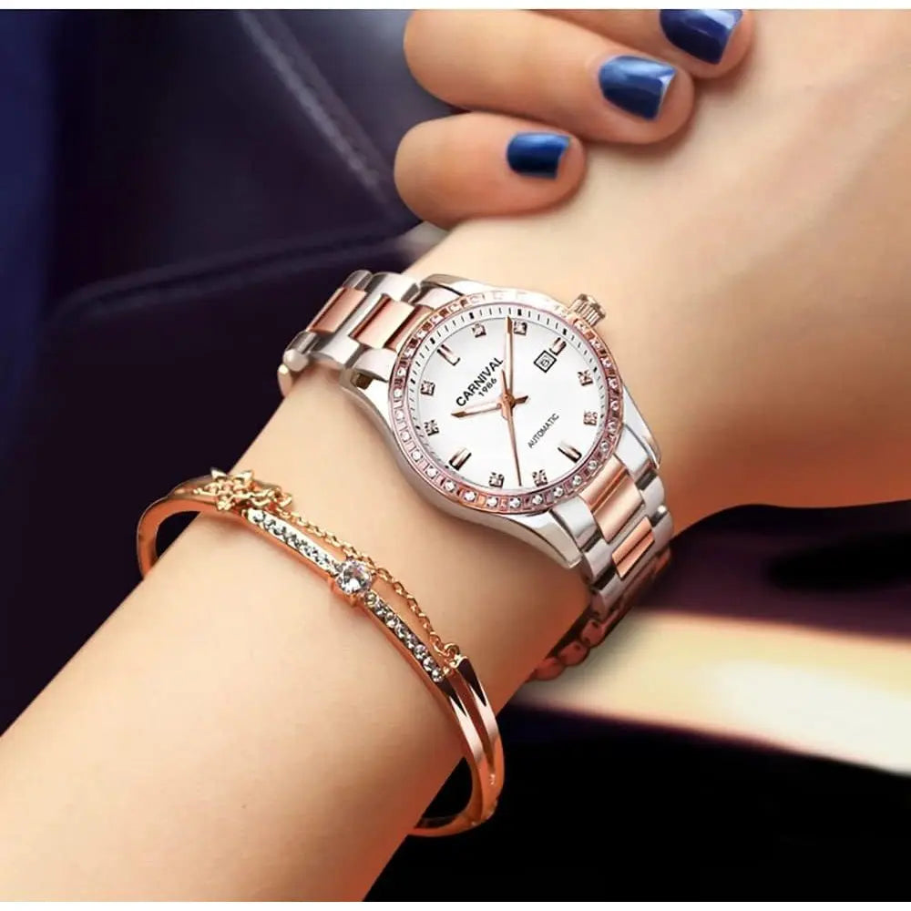 Women's Diamond Automatic Mechanical Rose Gold StainlSteel Sapphire Waterproo Lady's Elegant Blue Watch
