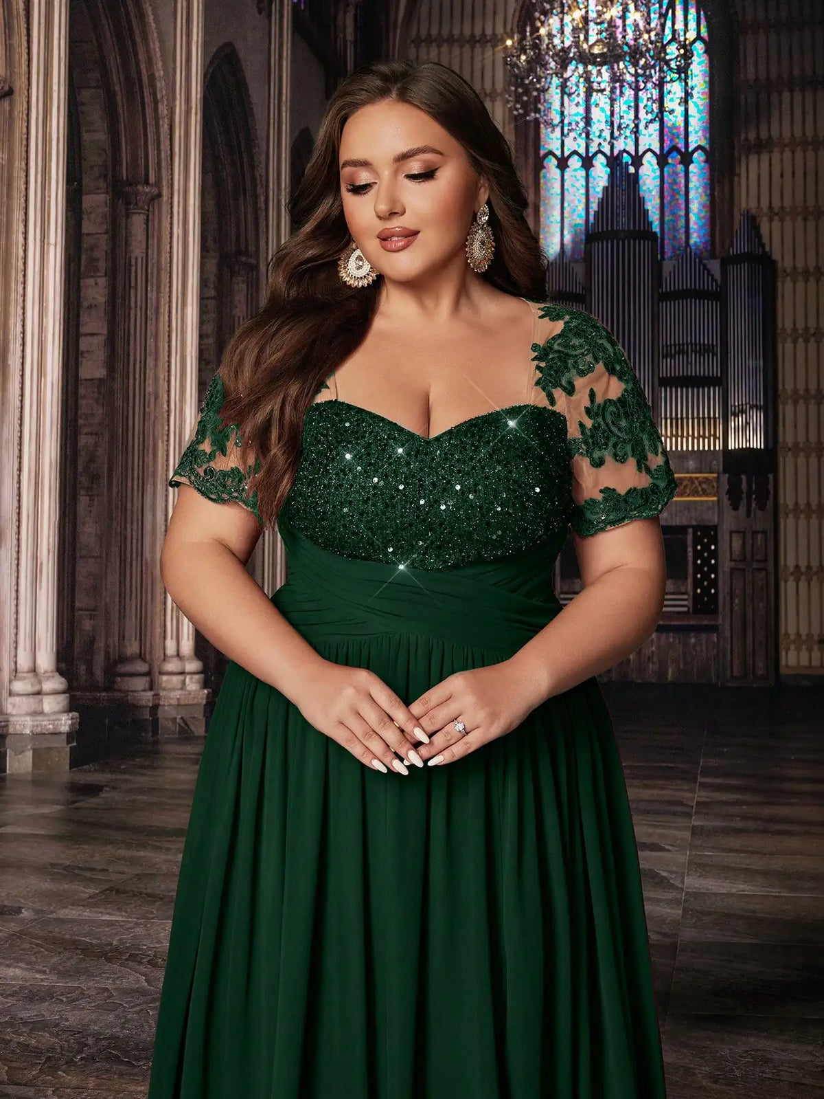 Plus Size Women Solid Green Sequined Applique Short Sleeve Floor Length Gown Dress