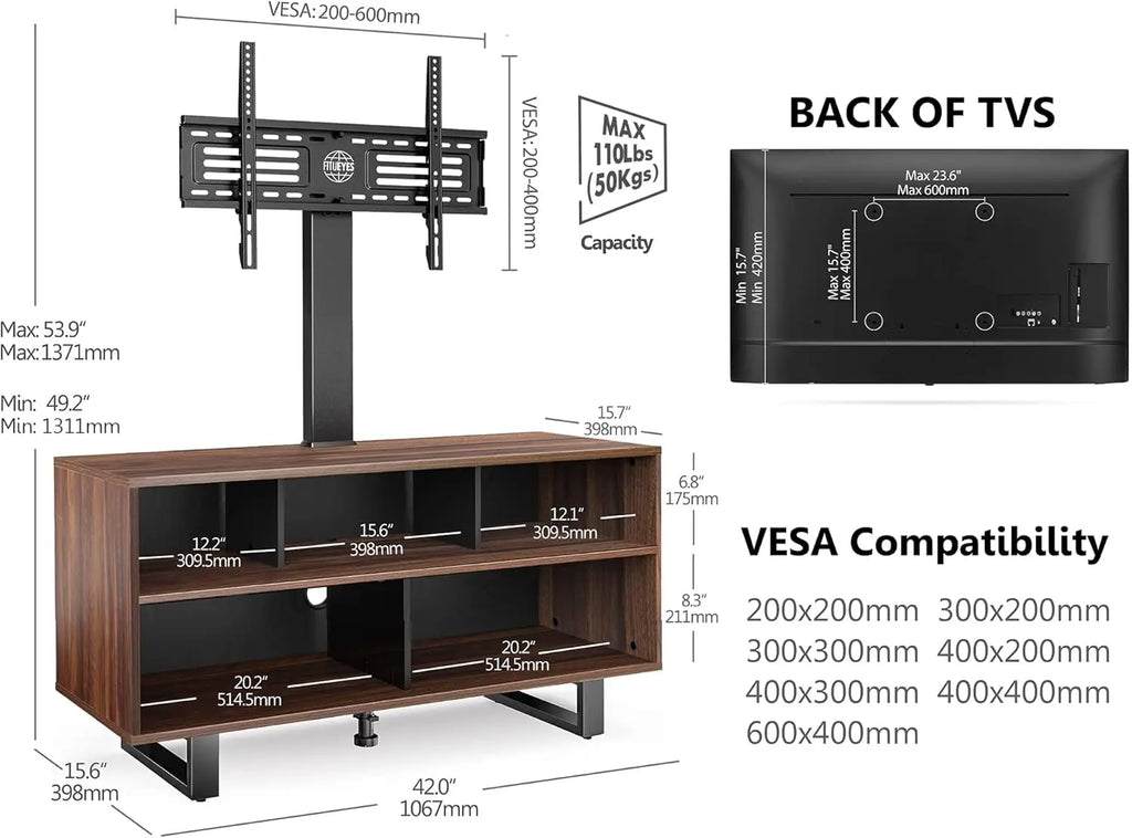 Swivel Floor Tv Stand With Mount For 32 To 70 Inch Tvs Wood Console Holds Up To 110 Pounds For Living Room Bedroom