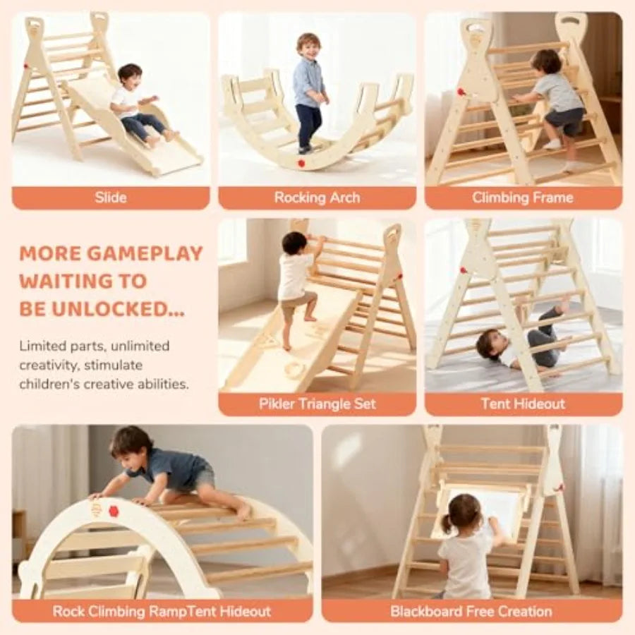Pikler Triangle Set 8-in-1 Foldable Montessori Wooden Climbing Toys for Toddlers 1-5 Years Indoor Jungle Gym with Slide