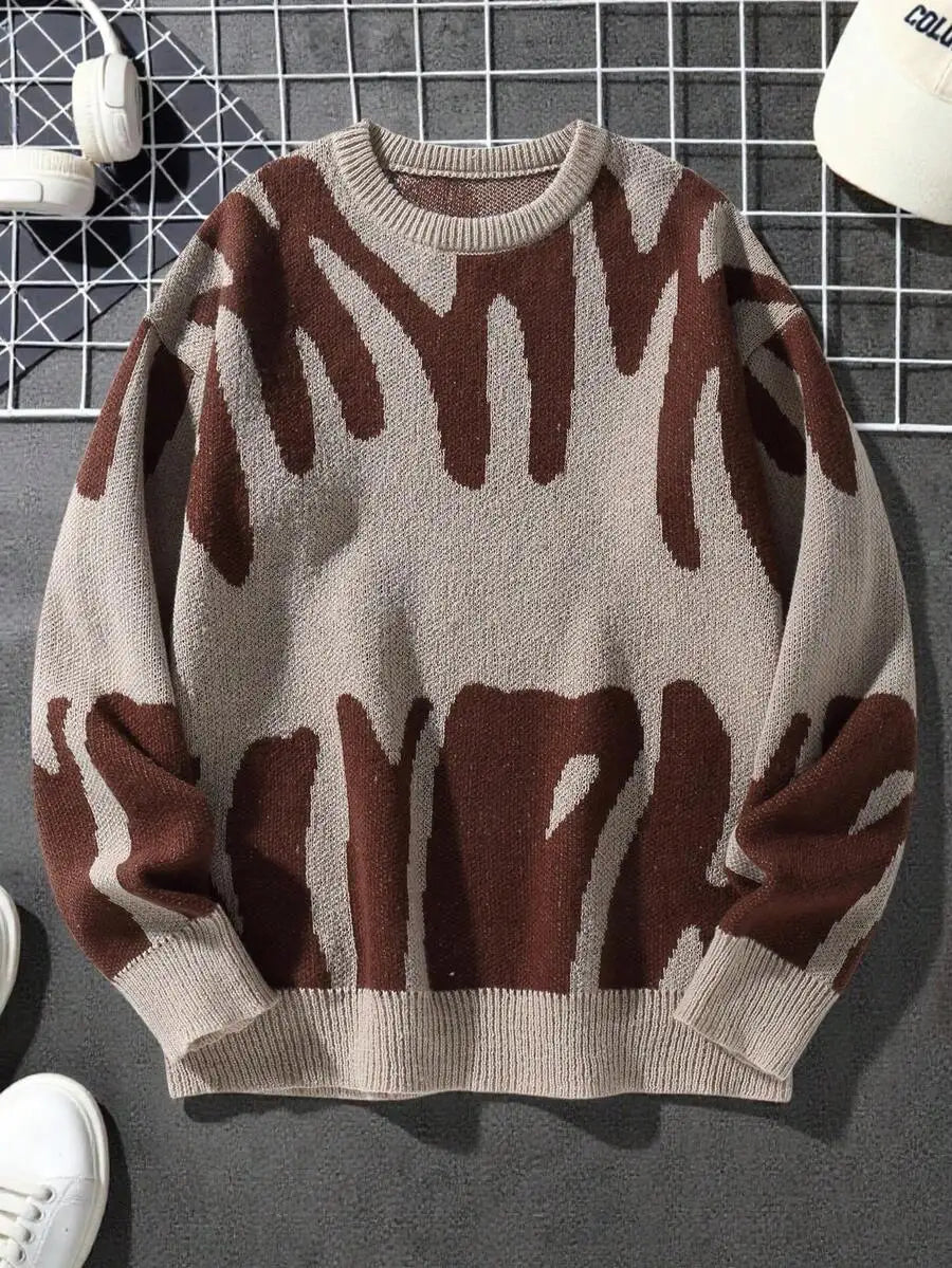 Men's Oversized Graphic Knit Sweater with Bold Black Pattern, Fall Winter Casual Wear