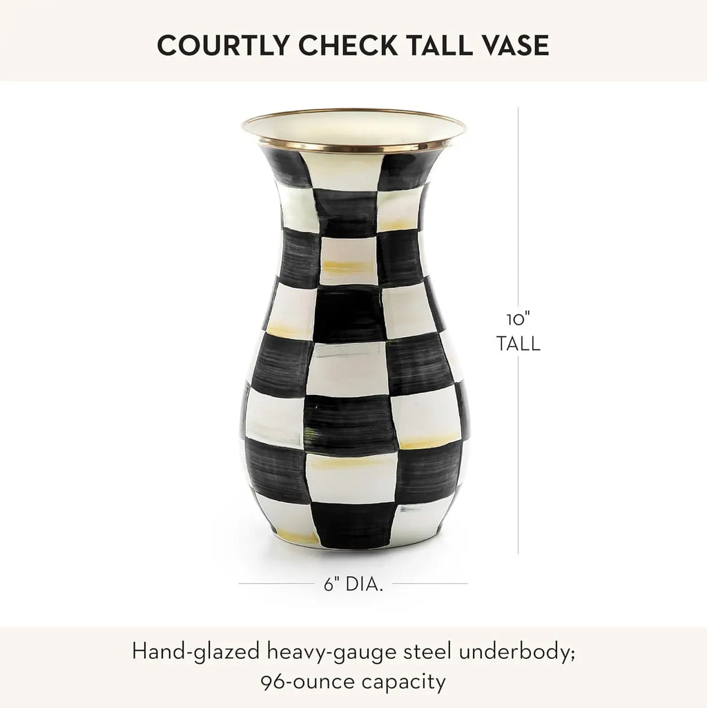 MACKENZIE-CHILDS Tall Enamel Vase, Unique Flower Vase, Decorative Table Decor for Living Room, Black-and-White Courtly Check