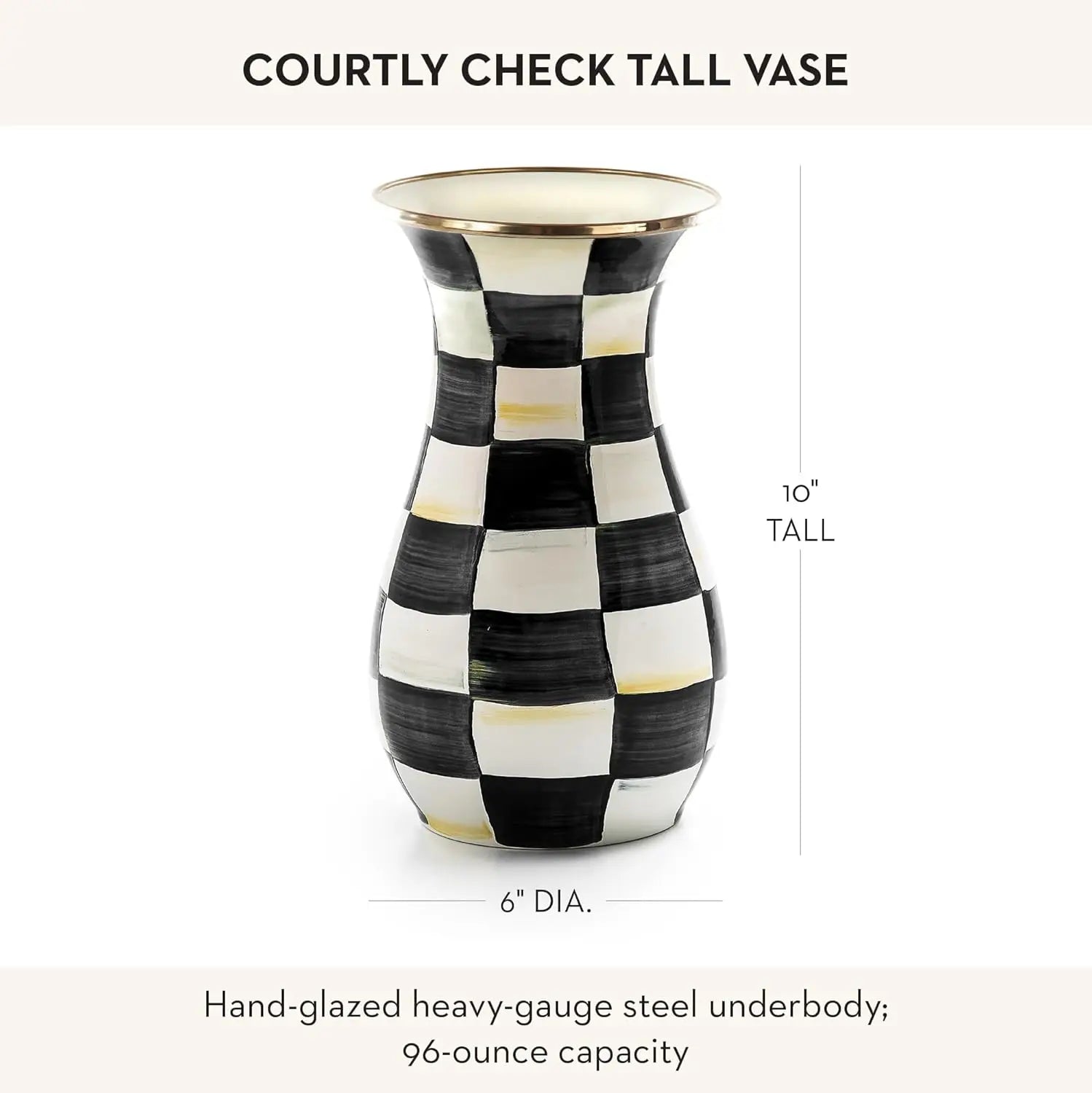 MACKENZIE-CHILDS Tall Enamel Vase, Unique Flower Vase, Decorative Table Decor for Living Room, Black-and-White Courtly Check