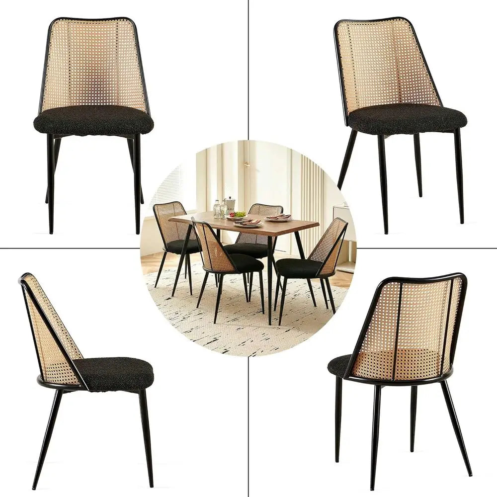 Black Upholstered Dining Chairs Set of 4, Woven Cane Accent Chairs for Kitchen and Dining Rooms, Suitable for Restaurants