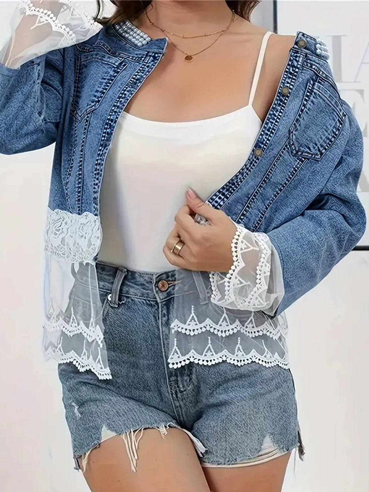 Plus Size Women's Short Denim Jacket Pearl Lace Design Elegant Comfortable Oversized Ladies' Jeans Jacket