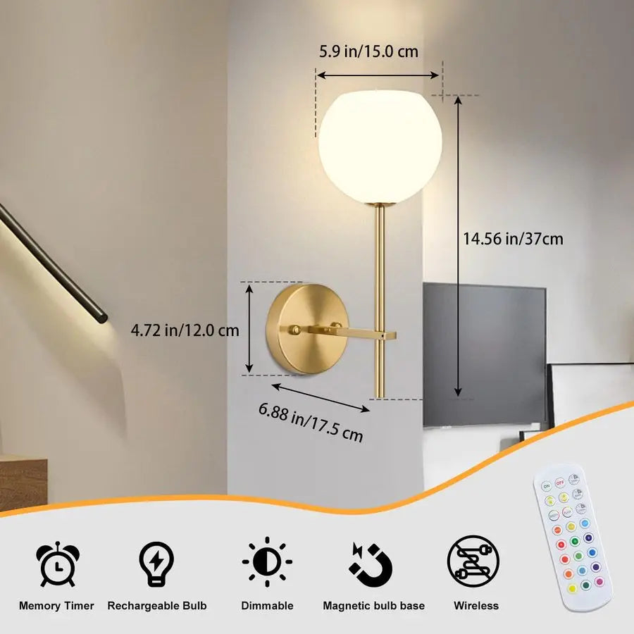 Battery Operated Wall Sconces Set of 2, Rechargeable Wireless Wall Lights with Milky White Frosted Glass Shade, 12 RGB and 3CCT