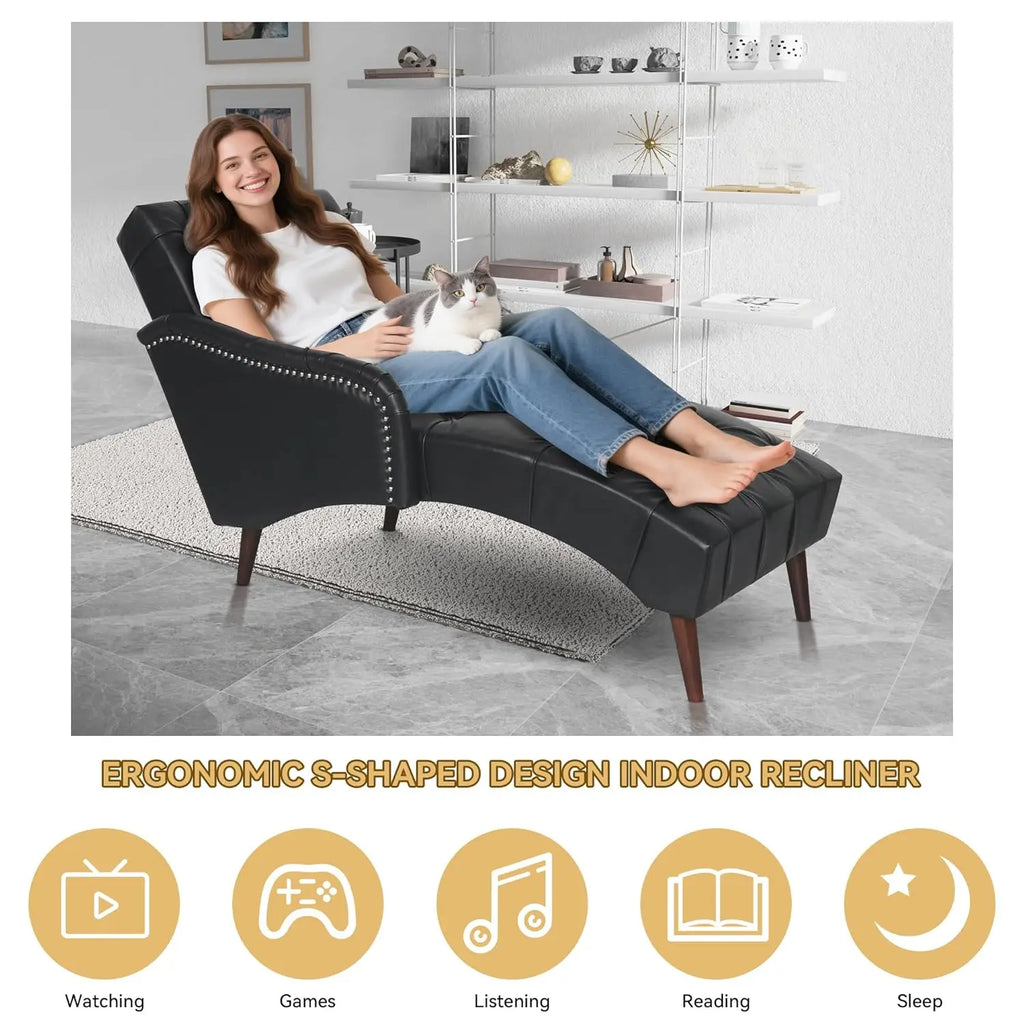 Chaise Lounge Chair Indoor with Lumbar Pillow and Wood Legs, Upholstered PU Leather Tufted Chaise Lounges, Mid, Customized