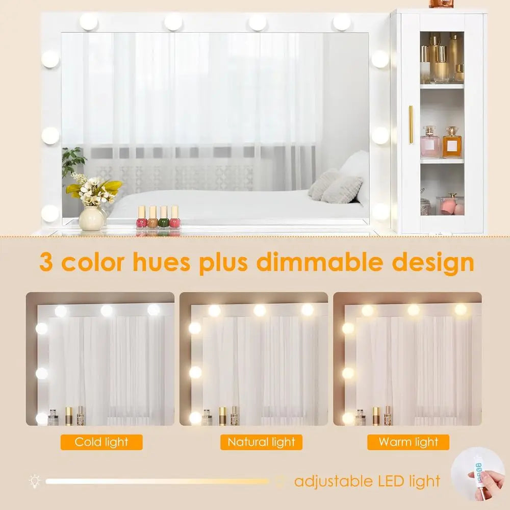 49.2 Large White Vanity Desk with Mirror, Lights, Glass Top, Stool, Makeup Desk with Power Outlet, 5 Drawers, Nightstand for Bed