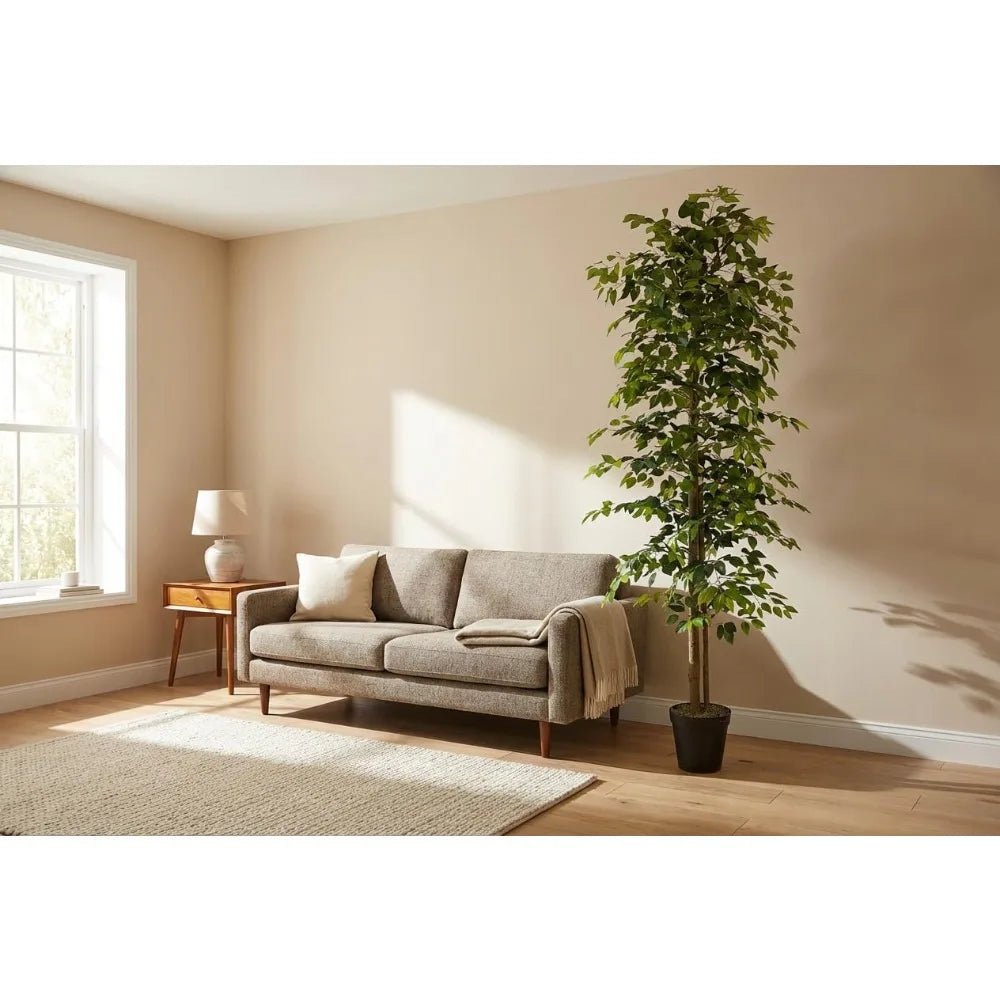 10ft Ficus Tree in Black Plastic Pot - Real Wood Trunk, No Maintenance Indoor Plant - Living Room, Home & Office Decor