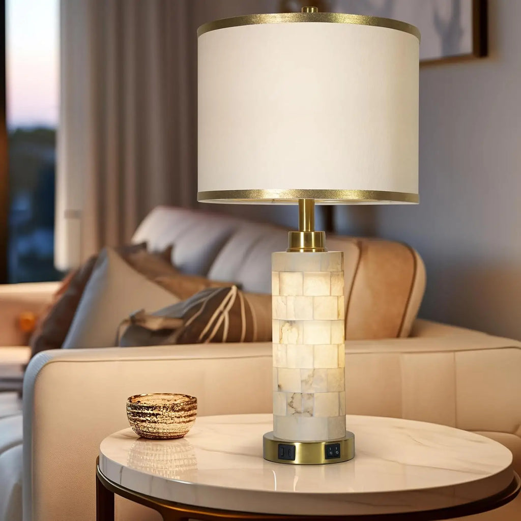 Set of 2 Modern Table Lamps with USB Ports and Night Light, Alabaster Design for Living Room or Bedroom