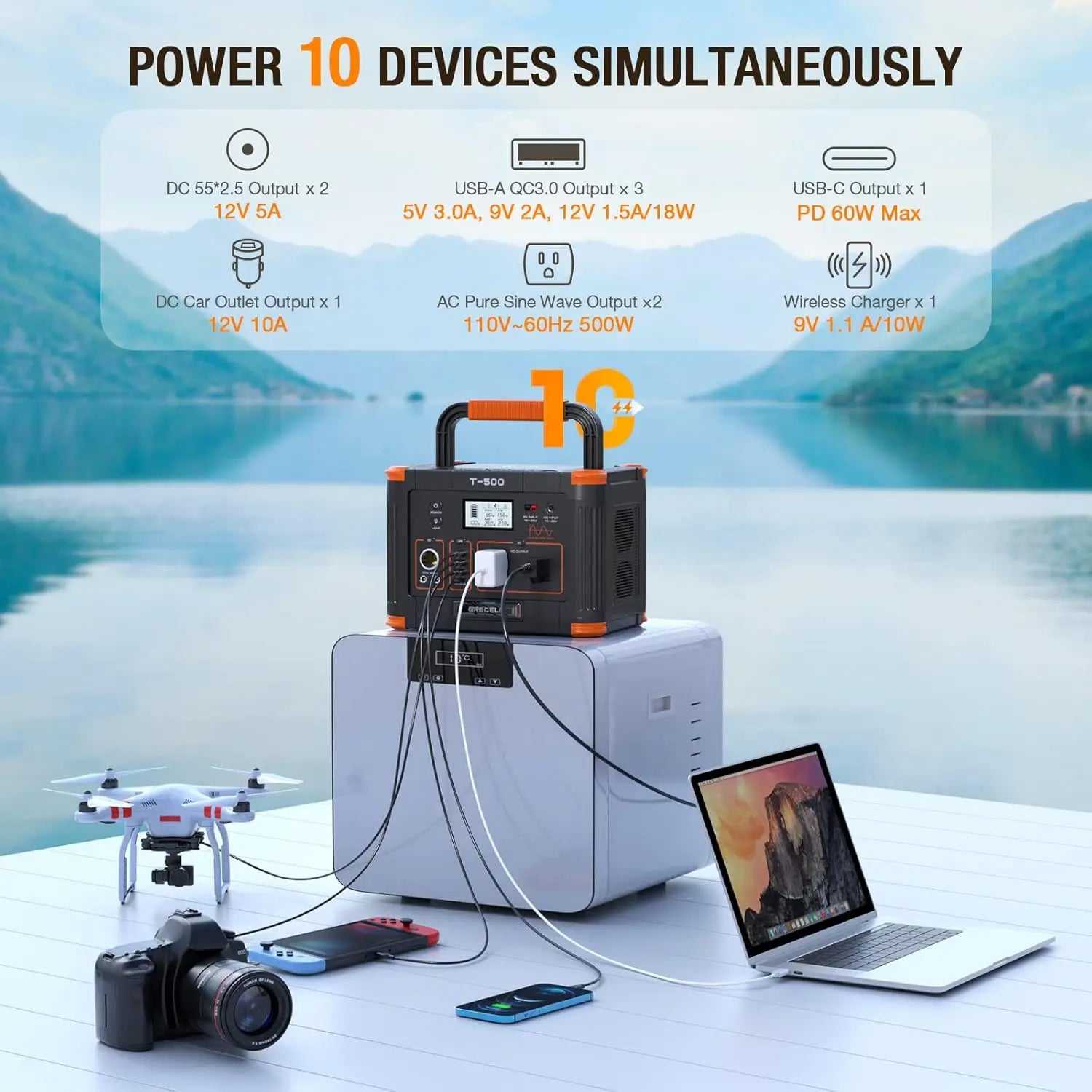 Portable Power Station 500W(Peak 1000W), 519Wh Outdoor Solar Generator Backup Battery Pack with 2 110V AC Outlets, 500W 10-Port