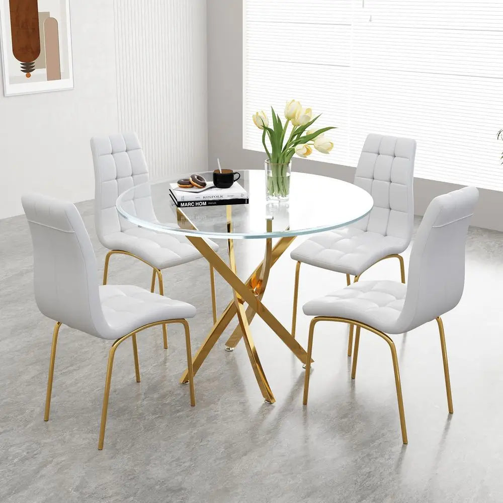 Glass Dining Table Set, Round Kitchen Table Set for 4 with Gold Glass Table and 4 White Faux Leather Upholstered Dining Chair fo
