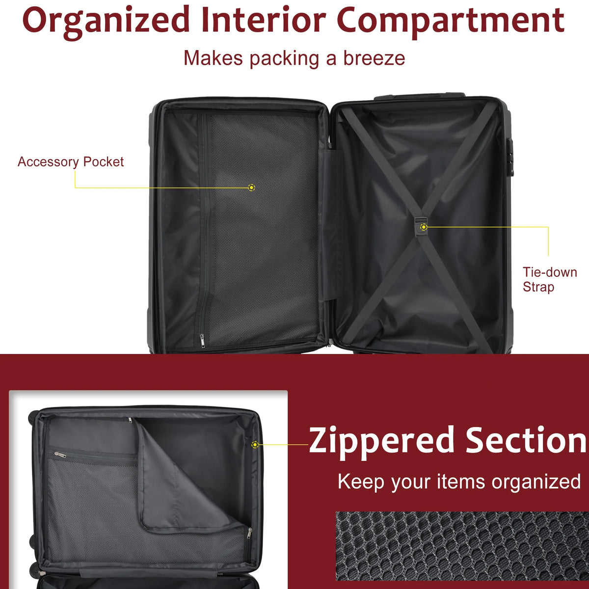 24Inch Rolling Luggage, Lightweight Durable ABS Suitcase with 360° Spinner Wheel, TSA Lock, Airline-Approved Travel Carry On