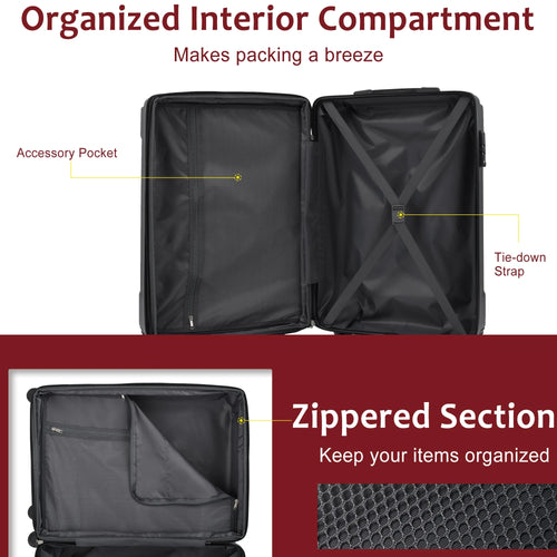 24Inch Rolling Luggage, Lightweight Durable ABS Suitcase with 360° Spinner Wheel, TSA Lock, Airline-Approved Travel Carry On
