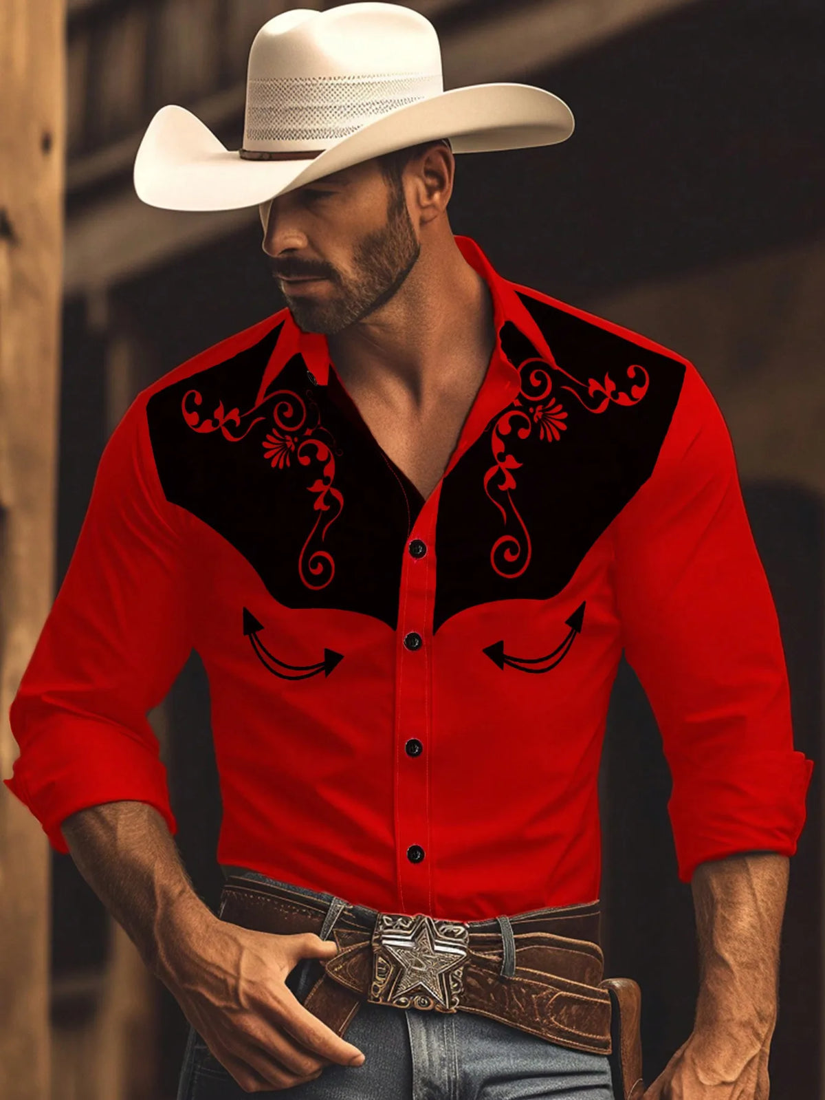 Men's Western Style Contrast Color Embroidered Yoke Shirt, Long Sleeve Casual Top
