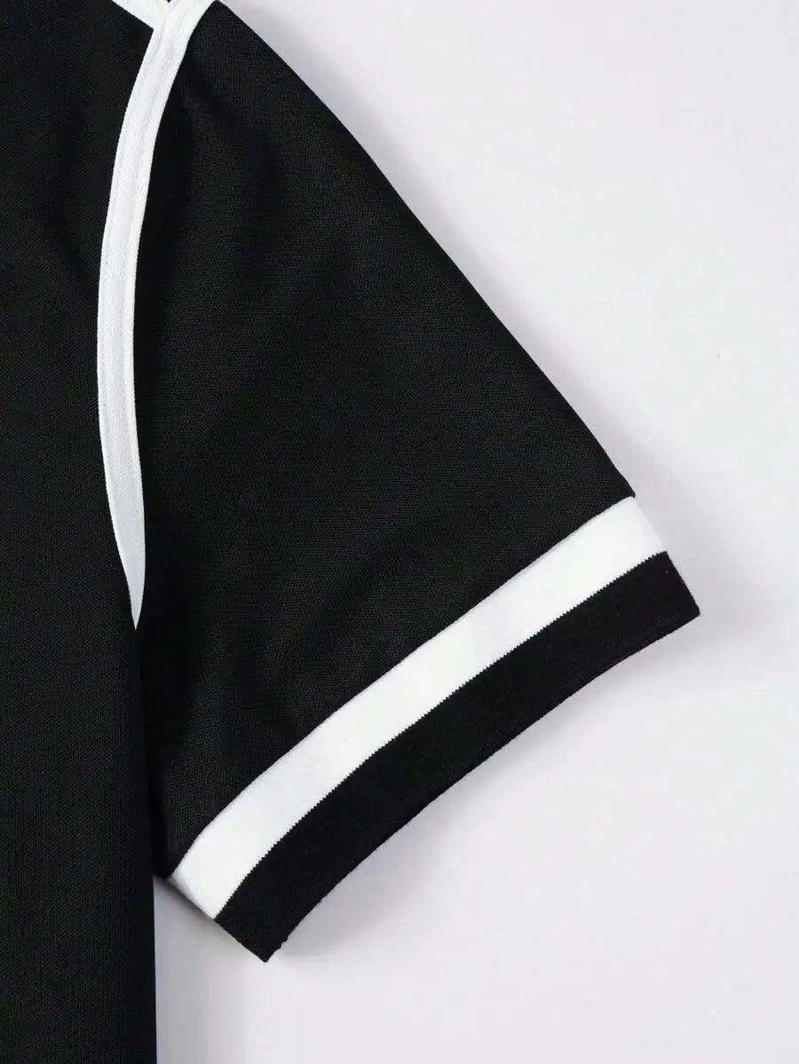 Men's Black Polo Shirt with White Trim Contrast Design Short Sleeve