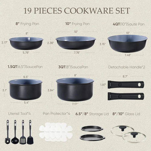 19PCS Ceramic Cookware Sets, Black and Gray, Pots and Pans Set Non Stick Non Toxic, Induction Cookware, Kitchen Cookware Sets, P