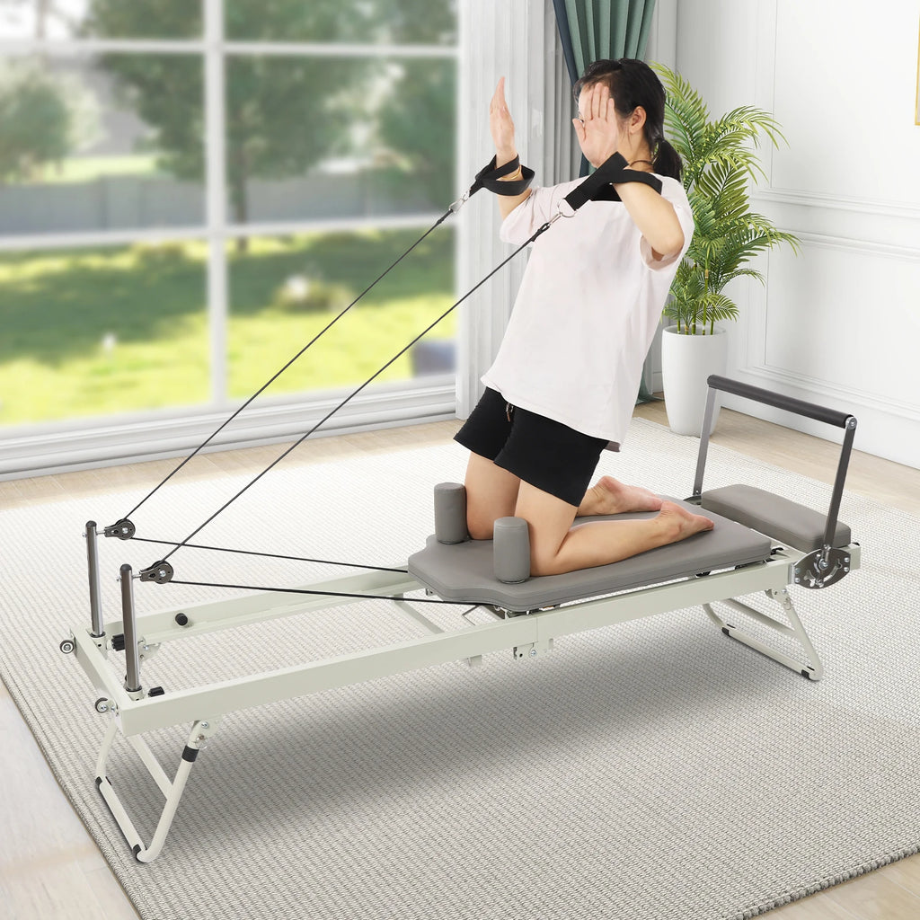 Foldable Pilates Reformer Machine Elastic Latex Spring Multifunctional Yoga Fitness Equipment 264.55lbs Load for Gym/Yoga Studio