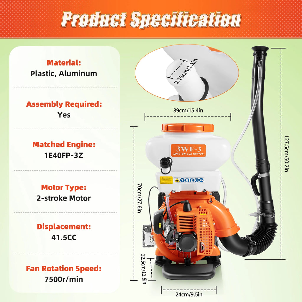 2.13KW Backpack Sprayer 14L Agricultural Mist Duster Sprayer 41.5cc Garden Sprayer 7500r 2 Stroke Gasoline Sprayer for Agricultu