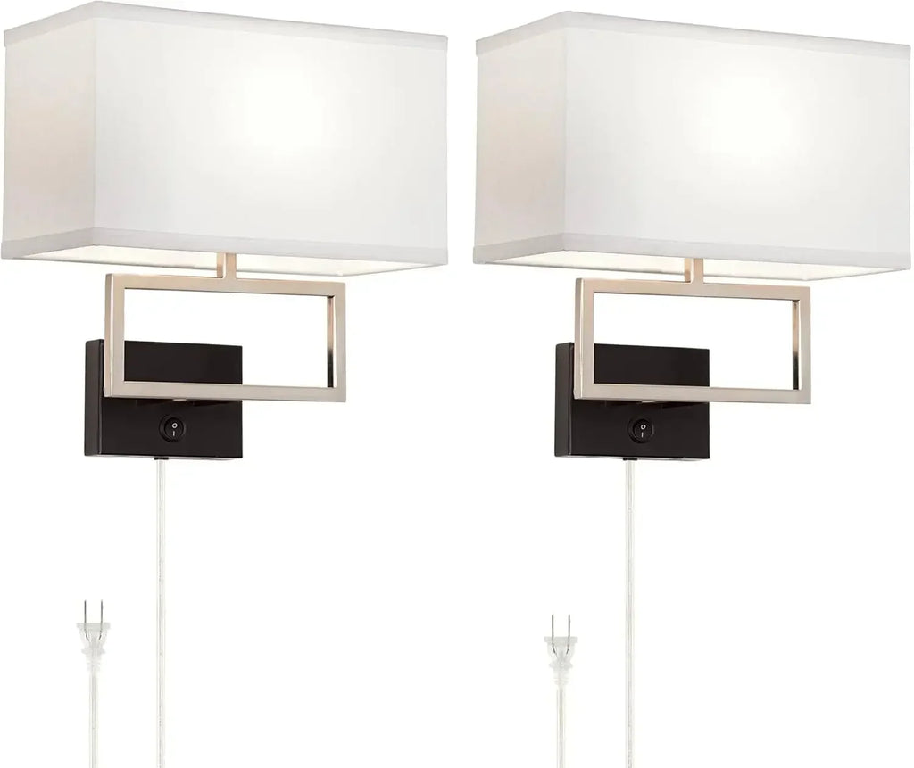 Trixie Modern Wall Lamps Set of 2 Brushed Nickel Plug-in 12" Fixture Rectangular Cotton Blend Fabric Shade for Bedroom House Rea
