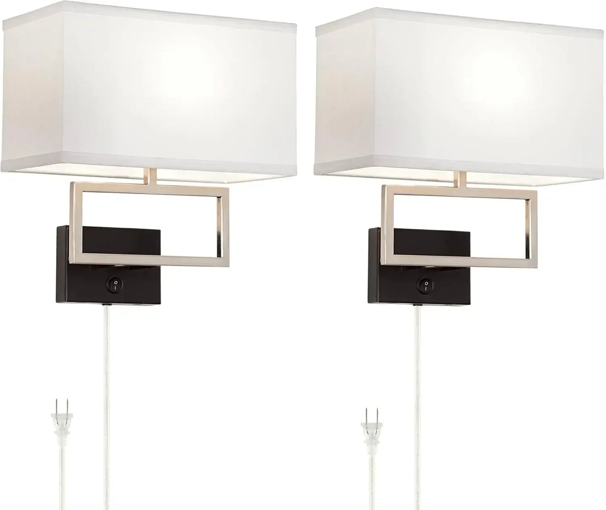 Trixie Modern Wall Lamps Set of 2 Brushed Nickel Plug-in 12" Fixture Rectangular Cotton Blend Fabric Shade for Bedroom House Rea