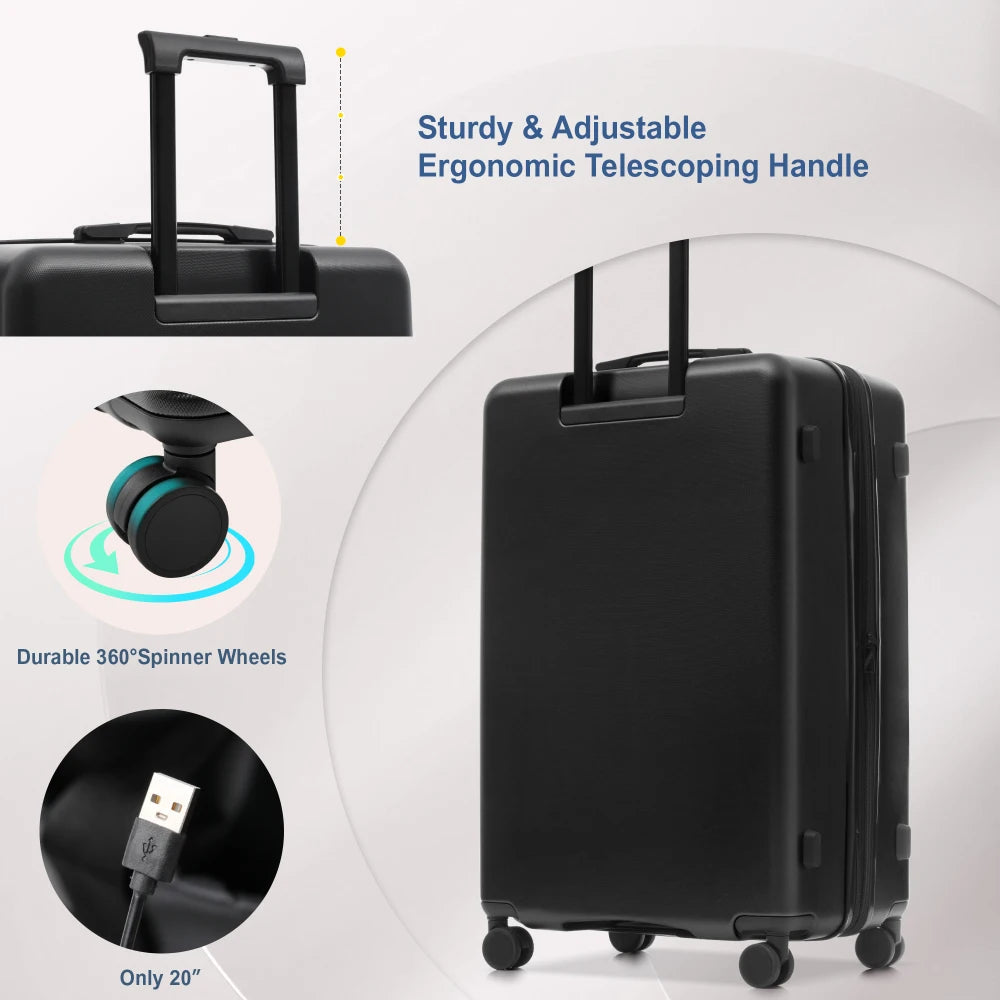 5Pcs Front Opening Hardside Expandable Luggage Set Double Spinner Wheels USB Port TSA Lock 20/24/28"