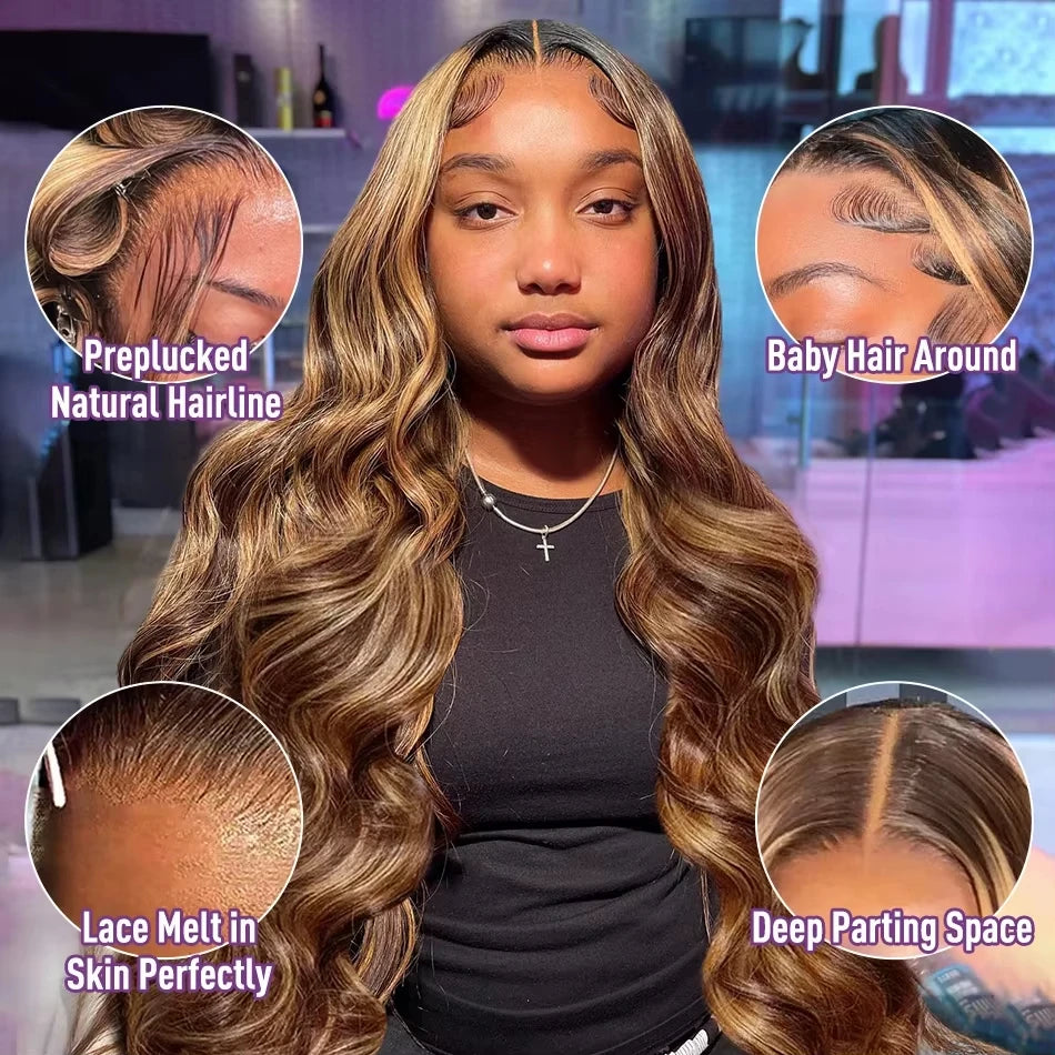 210 Density Body Wave Human Hair Wigs 4/27 Highlight 13x6 Lace Frontal Wig Human Hair Pre plucke Brazilian Lace Wig For Women