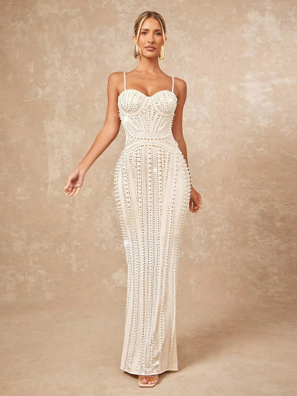 Elegant Faux Pearl And Rhinestone Bustier Maxi Dress For Party Gala Wedding