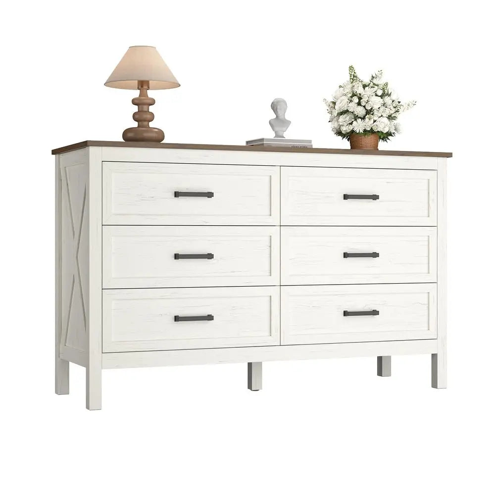 Dresser for Bedroom, 6 Drawers Dresser with Natural Texture, Wood Rustic Wide Chest for Bedroom, Hallway, Entryway, Antique Whit