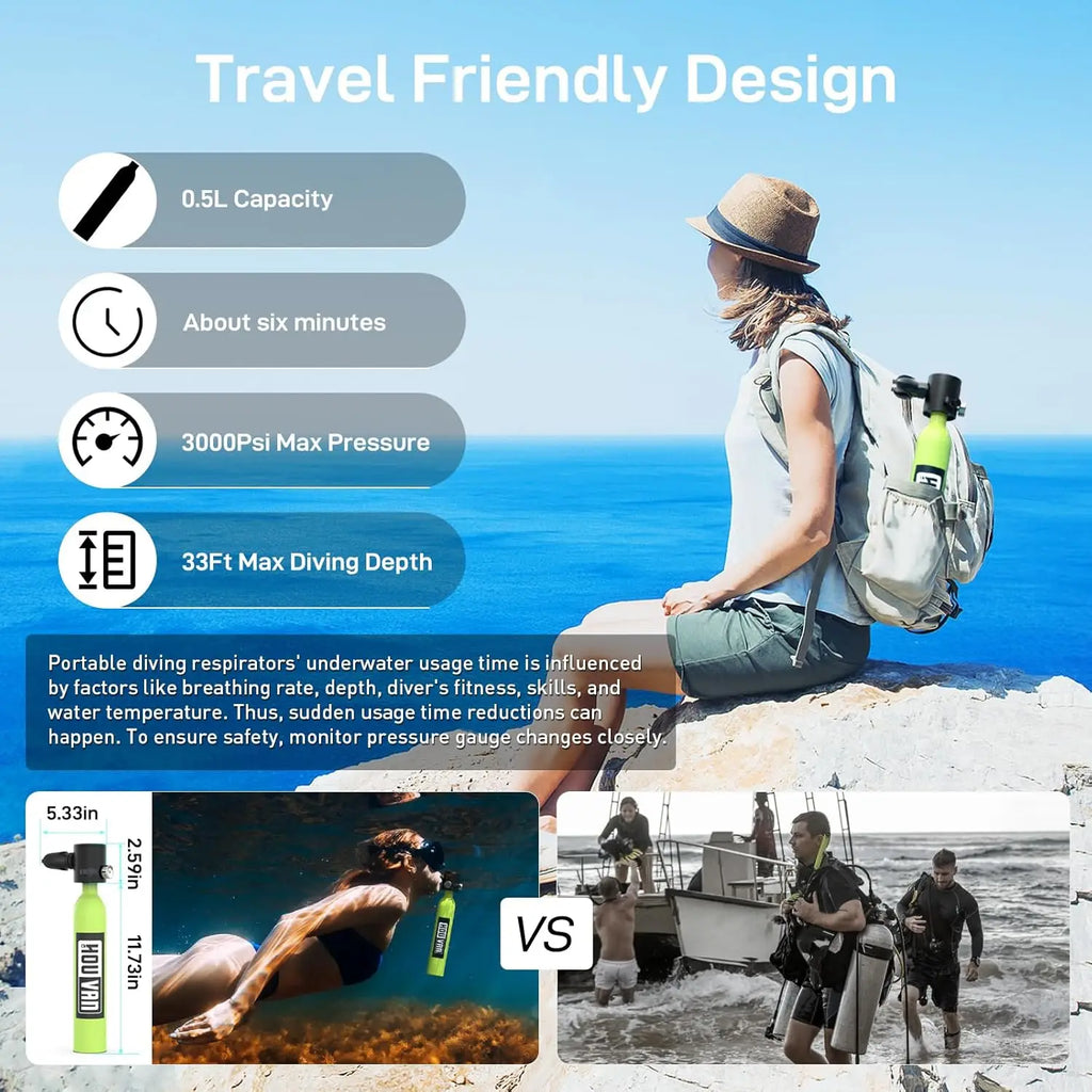 HOUVAN 0.5L Mini Scuba Tank with 5-10 Minutes,Portable Oxygen Tank for Snorkeling Diving With Hand Pump Divig Gear travel
