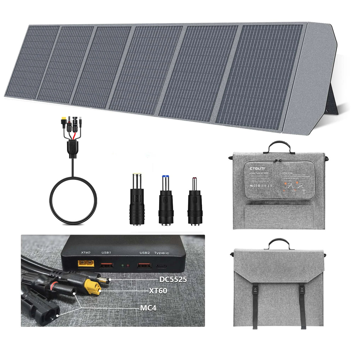 Ctolity 100W 200W Portable Solar Panel, with PD Box Charger, XT60 USB Port, Balcony Photovoltaic, for Camping Power Energy