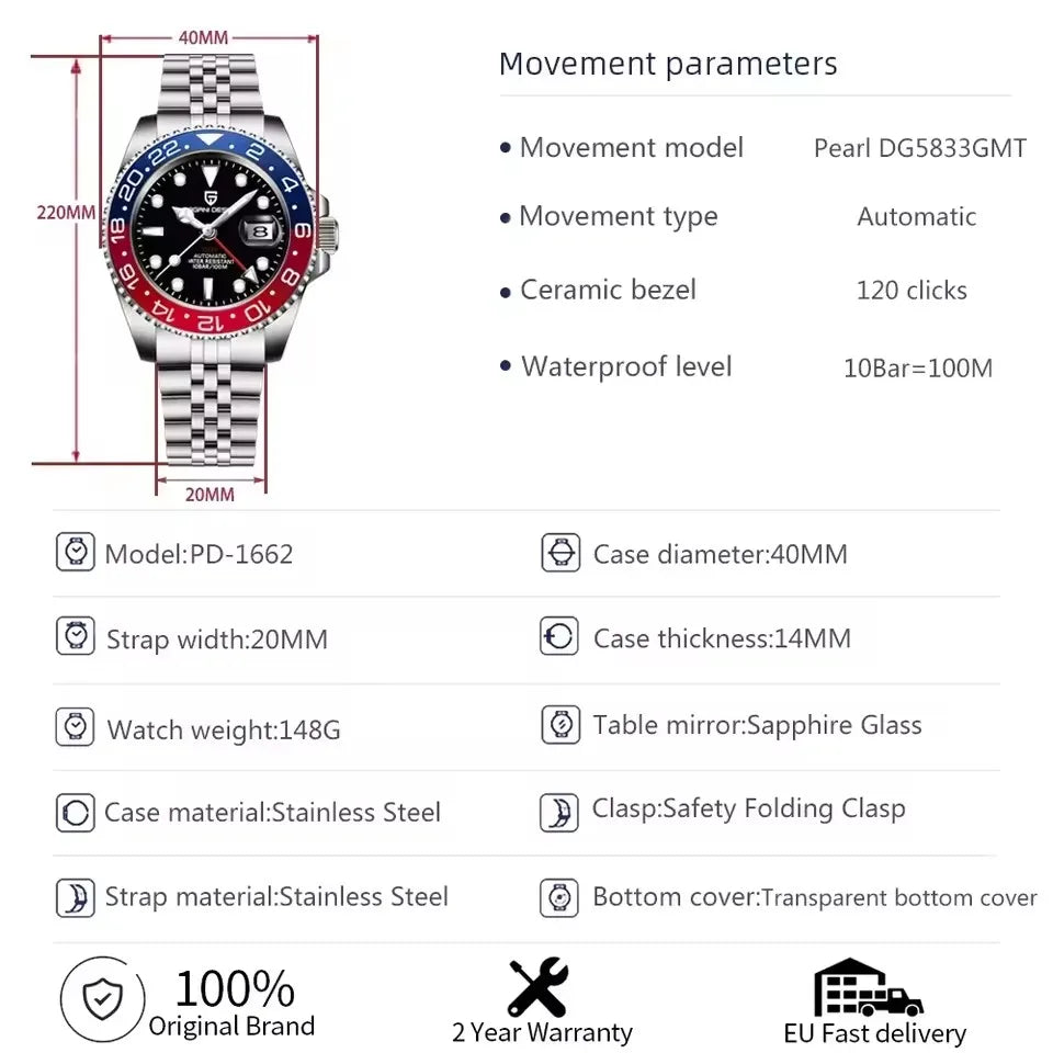 PAGANI DESIGN New V2 40MM GMT Men watch Mechanical Watches Luxury Automatic Sapphire Glass Waterproof Wrist Watches for men
