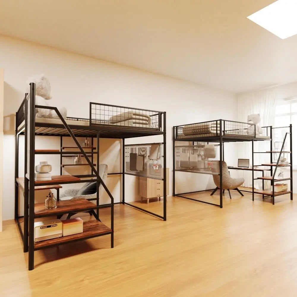 Full Size Metal Loft Bed with Stairs, Desk, and Charging Station for Small Rooms, Dorms, and Apartments, Black