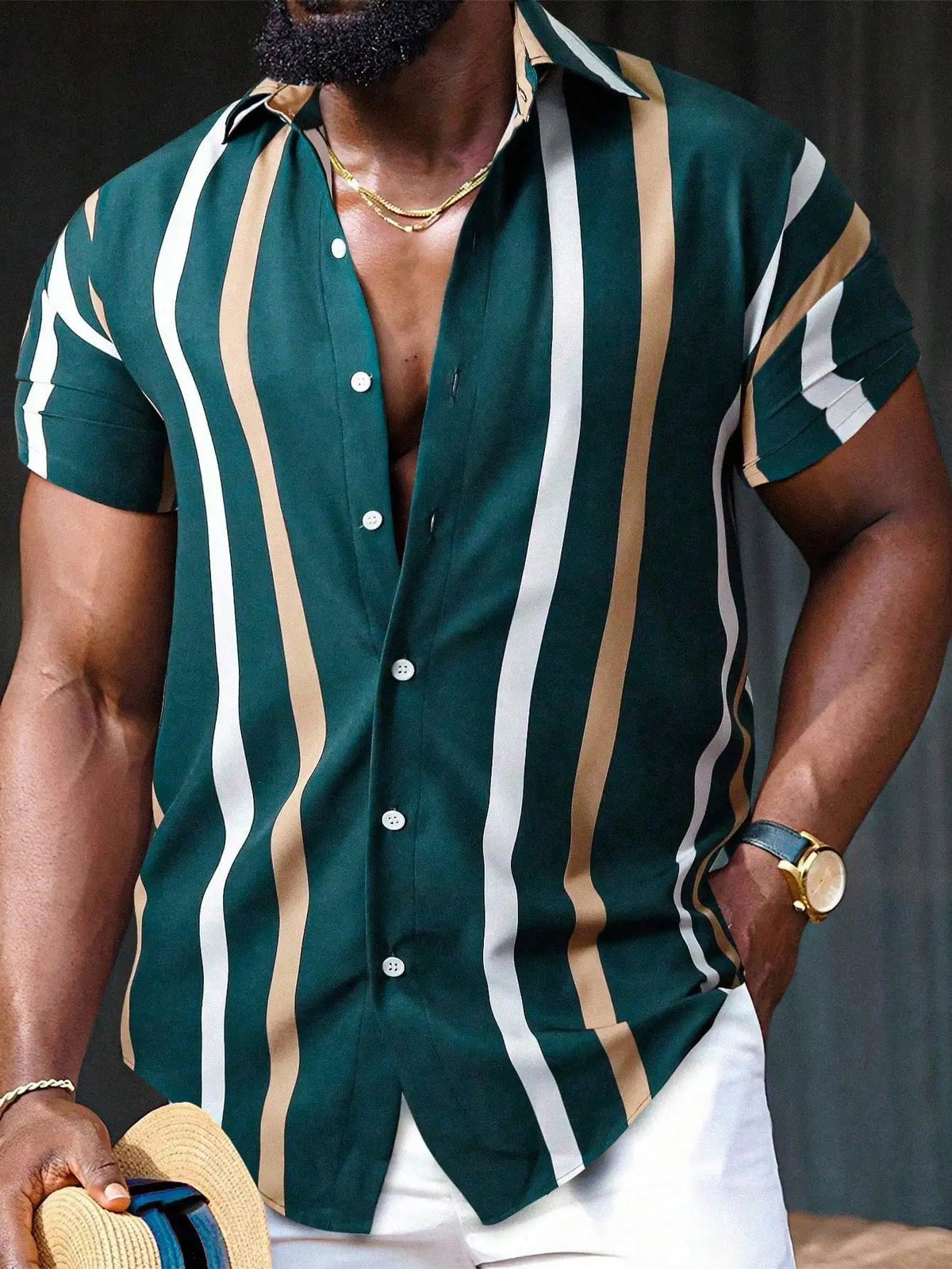 Men's Short Sleeve Button-Up Shirt with Vertical Stripe Print, Casual Vacation Style