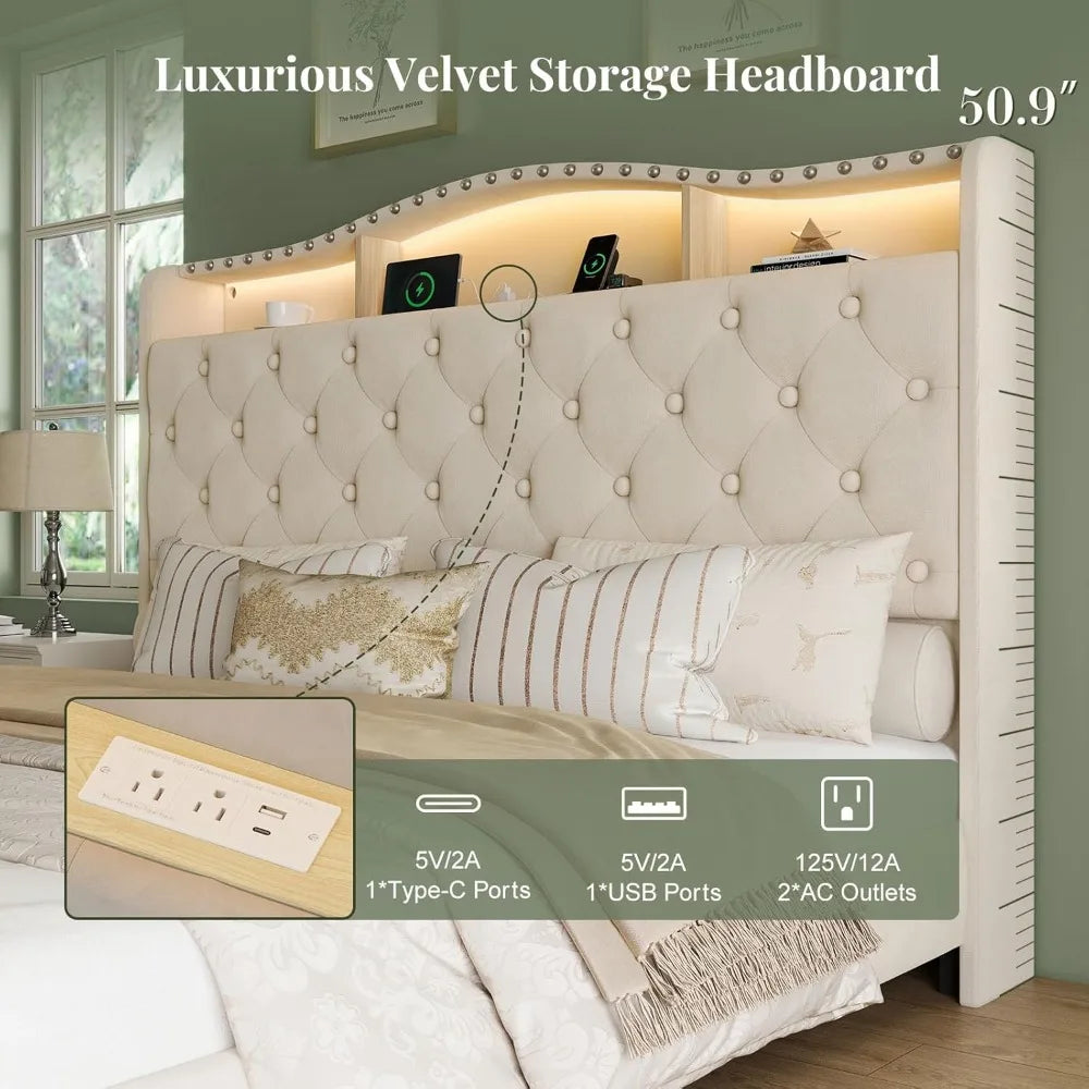 Belffin Queen Size Bed Frame and Headboard, 50.9 Velvet Upholstered Wingback Bedframe with LED Lights & Storage/Charging Station
