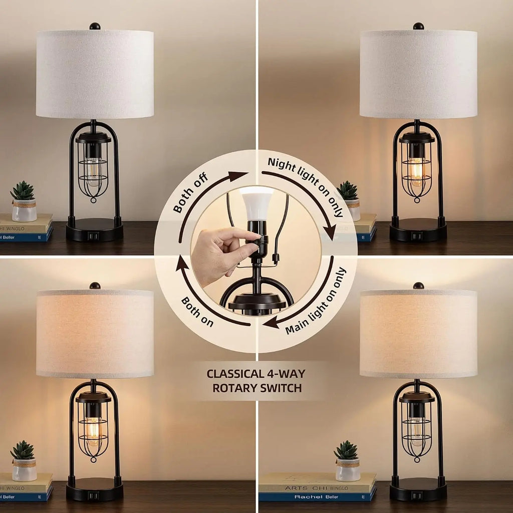 Set of 2 Modern Table Lamps with USB Ports and Night Light for Living Room Bedroom, Bulbs Included