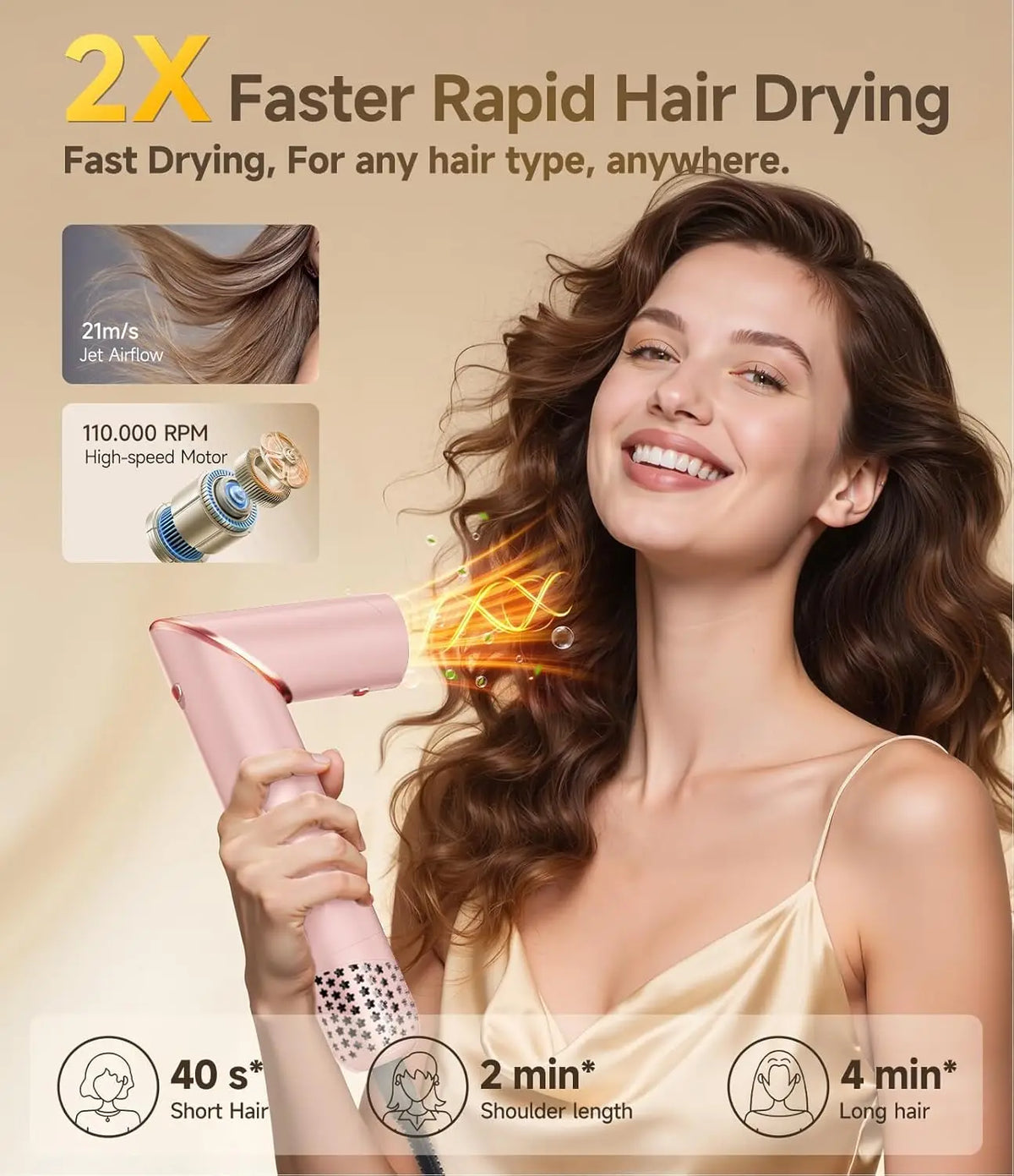 8-in-1 Foldable Hair Styler and Dryer with Ionic Technology for Fast Drying, Curling, Straightening in Pink