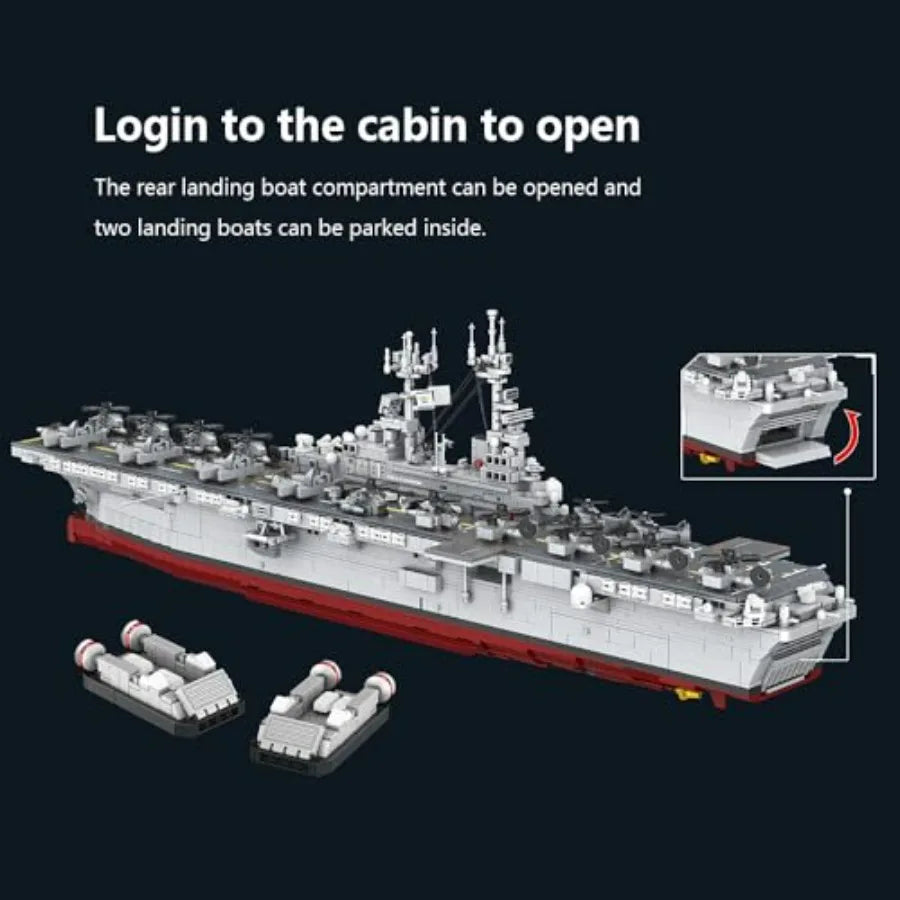 M7024 US Navy Warship Building Brick Set 1:300 Military Series Wasp-Class Amphibious Assault Ship 5220 Pieces Aircraft Carrier