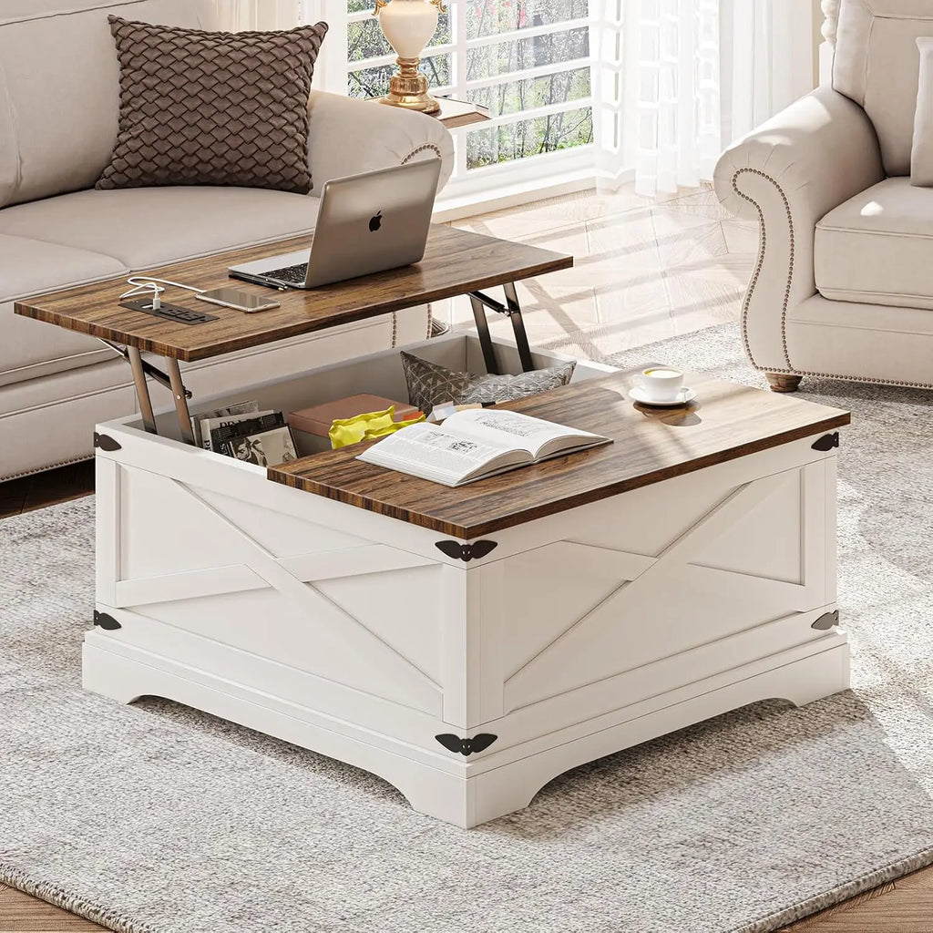 Lift Top Coffee Table with Storage, Square Coffee Table for Living Room with Charging Ports, Farmhouse Dining Table