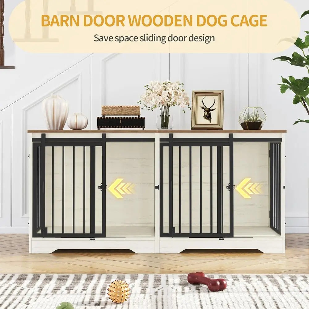 Heavy Duty Wooden Double Dog Cage with Divider, Large Pet Kennel, Barn Door, Suitable for Medium to Small Dogs, White/Brown