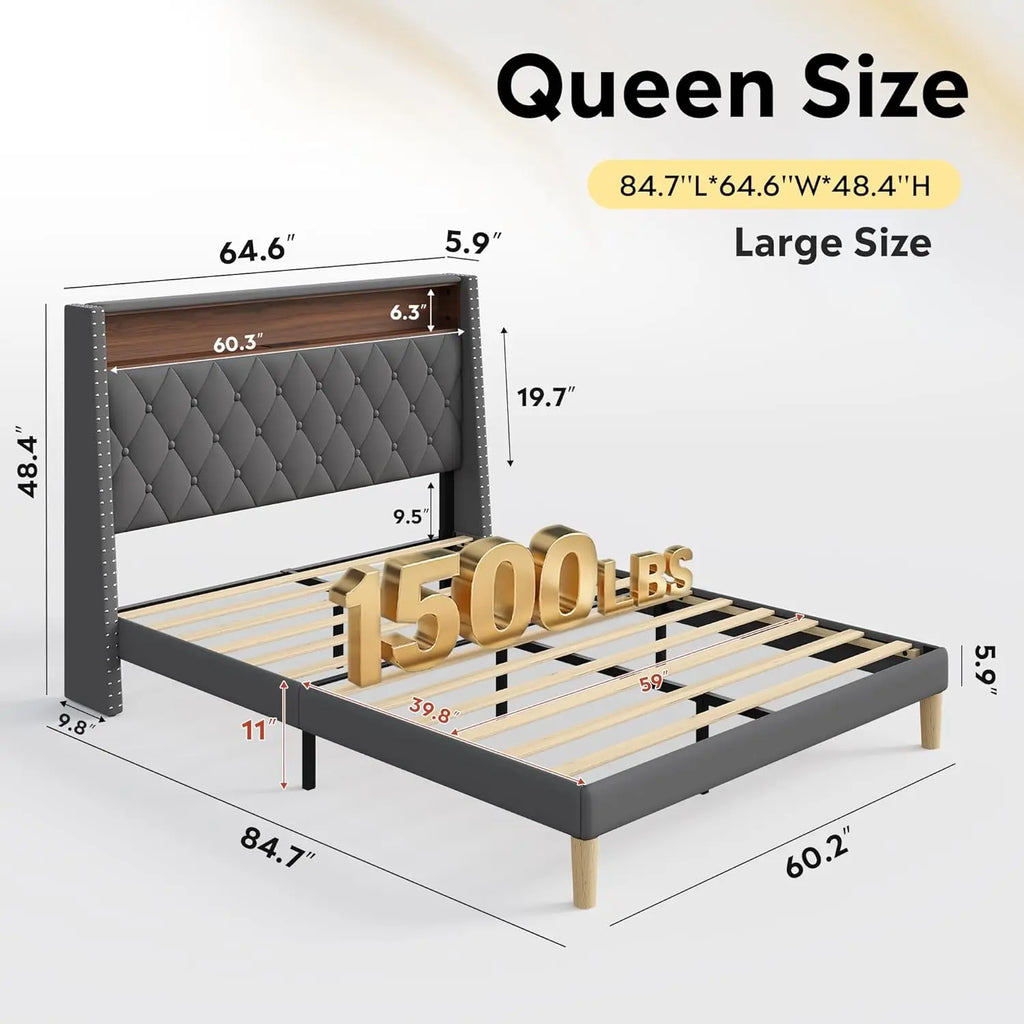 Upholstered Bed Frame with Tall Wingback Headboard, Velvet Square Tufted Platform Beds with Charging Station, Customized
