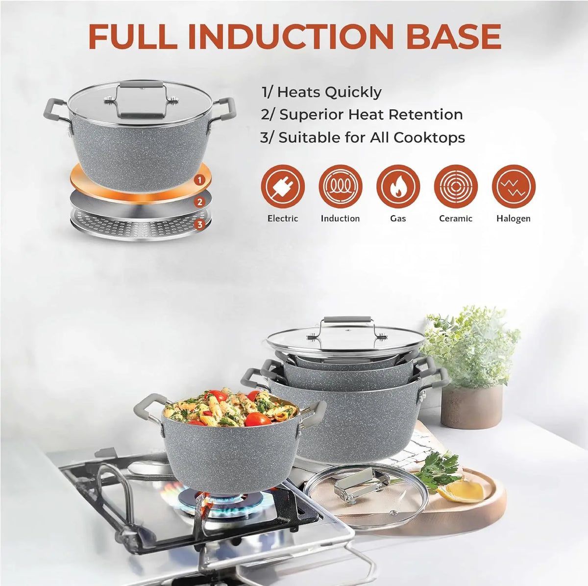 Nonstick Stackable Cooking Pots Set, 6-Piece Gray Granite Coating, Space-Saving Kitchen Cookware with Lids for Home Chefs