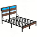 Queen Bed Frame with Headboard and Charging Station,Non-Slip Bed Frame with LED Light,Noise-Free,Easy Assembly,Walnut