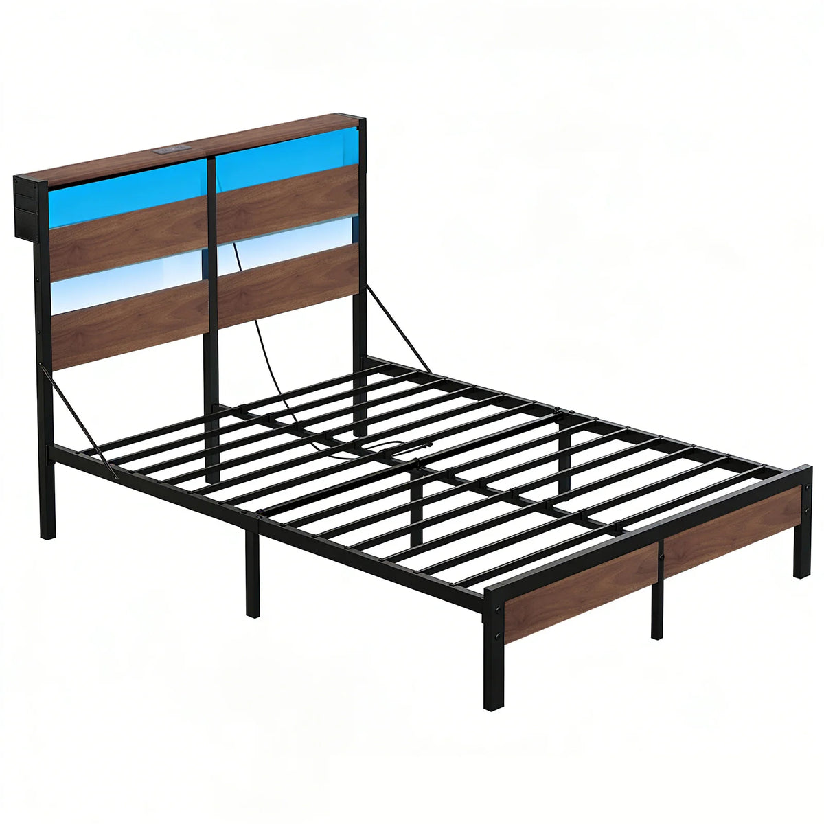 Queen Bed Frame with Headboard and Charging Station,Non-Slip Bed Frame with LED Light,Noise-Free,Easy Assembly,Walnut