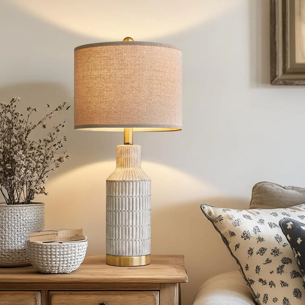 Modern Ceramic Table Lamps Set of 2 - White Washed Finish with Gold Base - 25" Height for Bedroom & Living Room